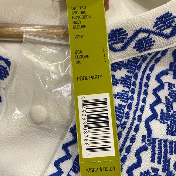 NWT Gianni Bini Riley Blouse the Pool Party Collection Ivory Blue Embroidery - Picture 9 of 9
